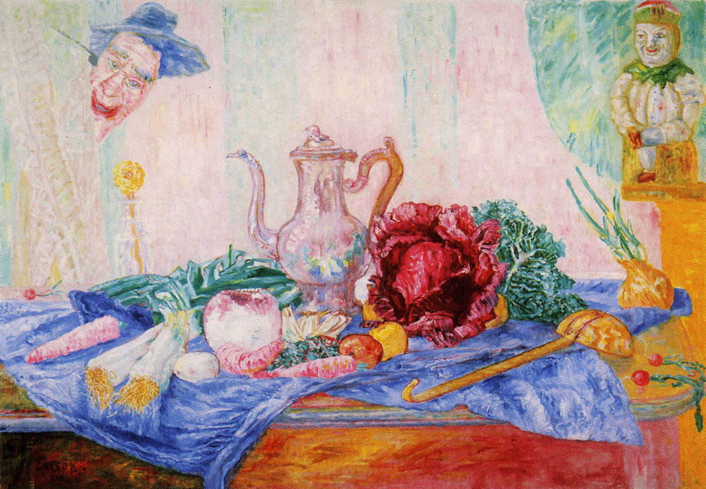 James Ensor - Still Life with Coffeepot, Cabbages and Mask