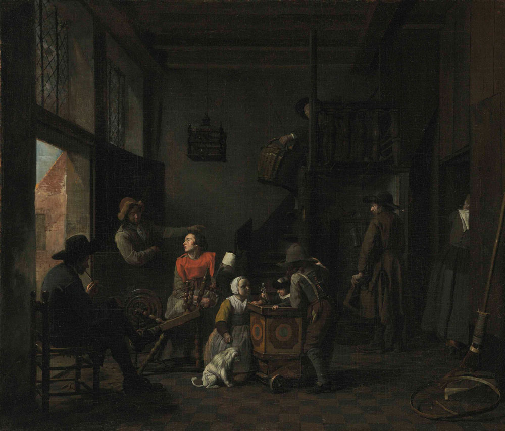 Jan Jozef Horemans the Elder - An interior with a woman at her spinning wheel, a child with a rattle, and other figures