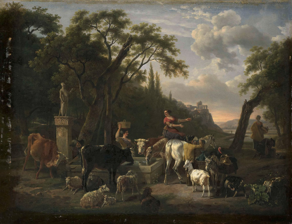 Jean Louis Demarne - Italian Landscape with Shepherds and Animals at a Fountain