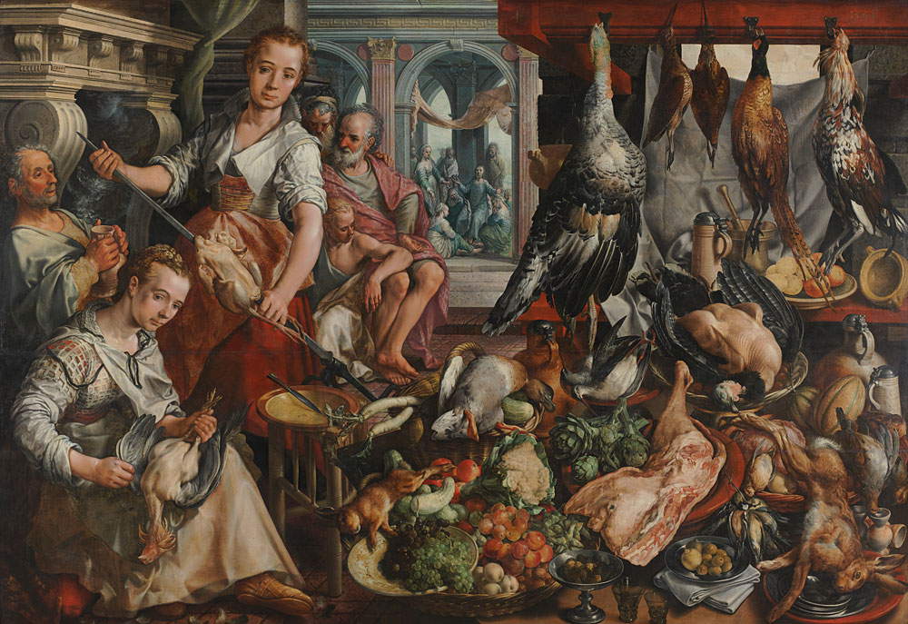 Joachim Beuckelaer - The Well-stocked Kitchen, with Jesus in het House of Martha and Mary in the Background