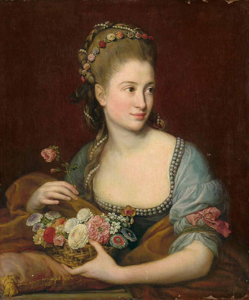 Pompeo Batoni - Portrait of a lady as Flora, half-length, holding a wicker basket of flowers