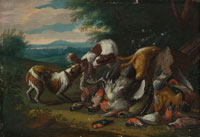 Attributed to Adriaen de Gryef Dogs fighting over dead game in a landscape