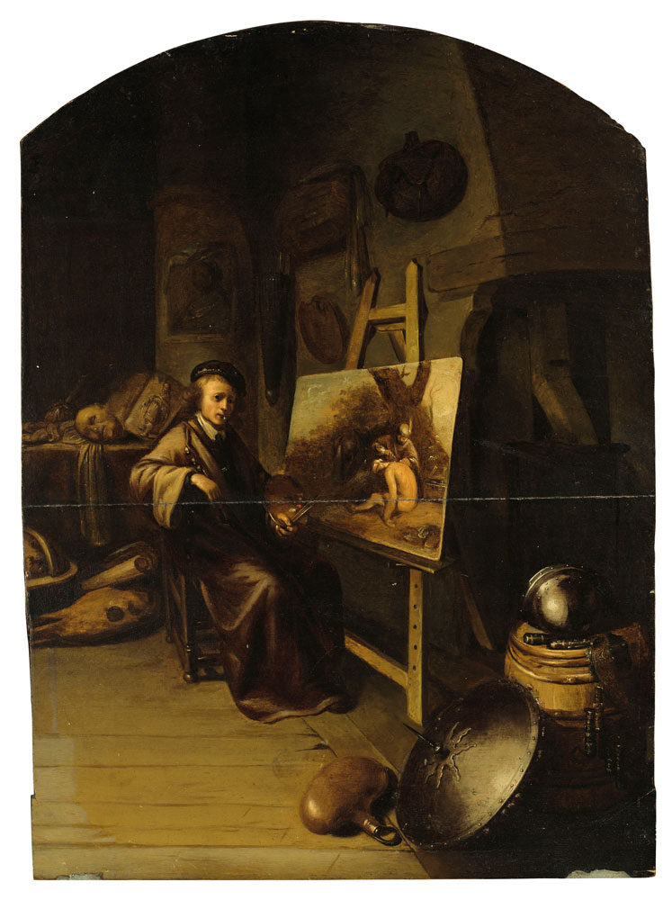 Circle of Gerard Dou - An artist in his studio, possibly a portrait of the artist