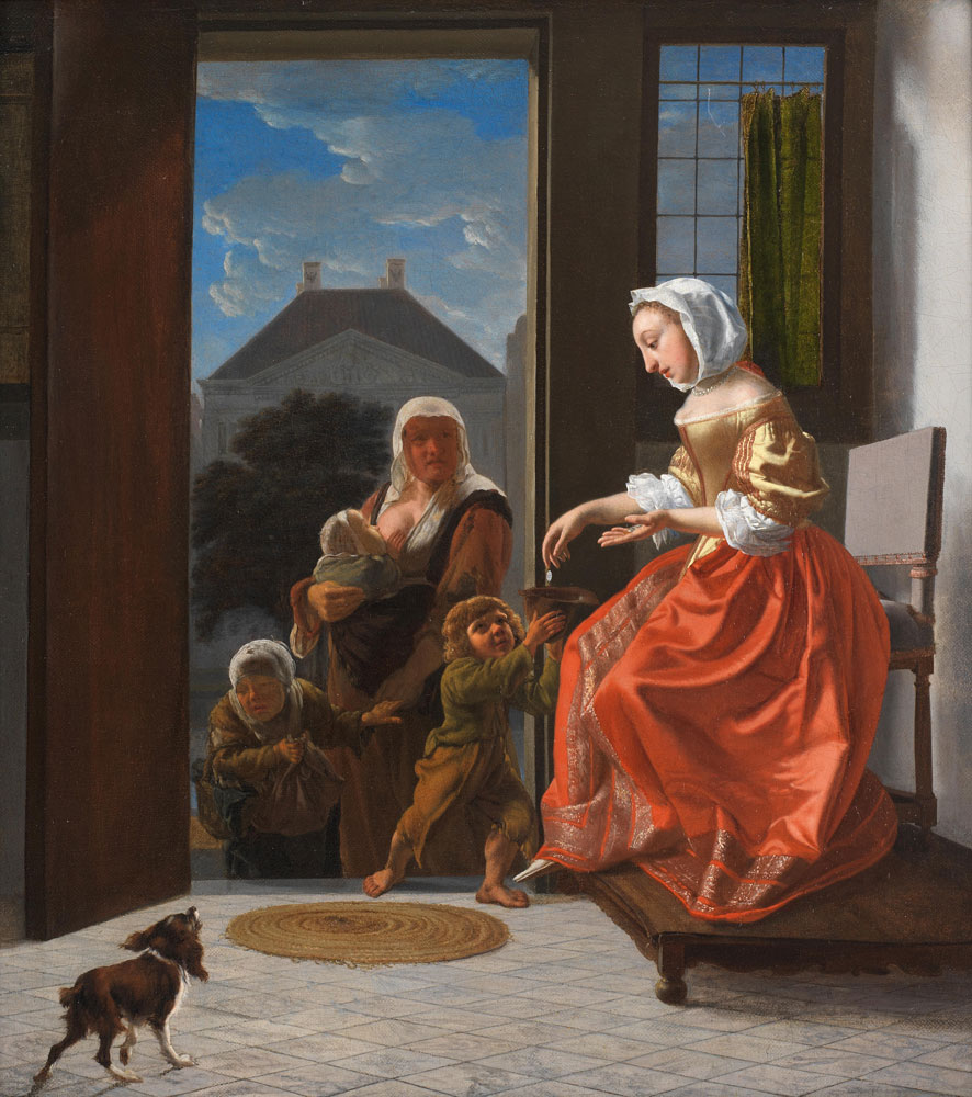 Attributed to Jacob Ochtervelt - An interior with a lady giving alms to beggars