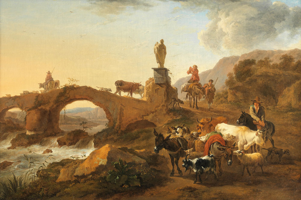 After Nicolaes Berchem - Drovers with cattle and goats before a bridge