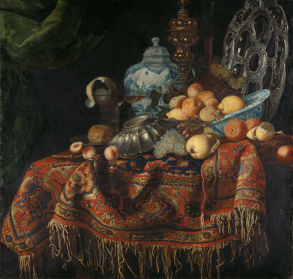 Attributed to Simon Luttichuys - Still Life with Fruit, Plates and Dishes on a Turkey Carpet