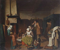 Jan Jozef Horemans the Younger An interior with midwives nursing twins and figures drinking