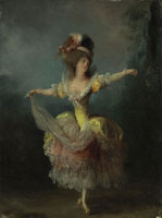 Jean-Frédéric Schall A dancer in a pink and yellow silk gown with a lace trim