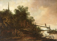 Pieter de Molijn A riverside village with a figure crossing a wooden bridge