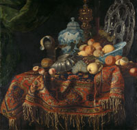 Attributed to Simon Luttichuys Still Life with Fruit, Plates and Dishes on a Turkey Carpet
