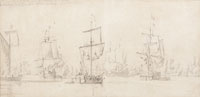 Willem van de Velde the Elder The Dutch fleet becalmed with a snow in the foreground and a galliot on the left