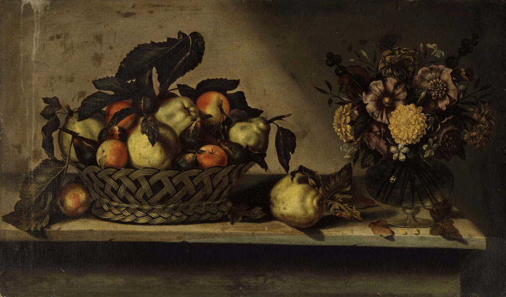 Antonio Ponce - A basket of apples and quinces and flowers in a glass vase on a stone ledge