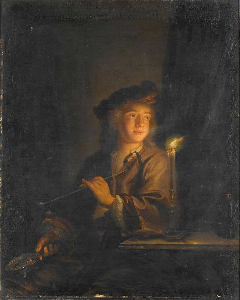 Arnold Boonen - A youth smoking a pipe by candlelight