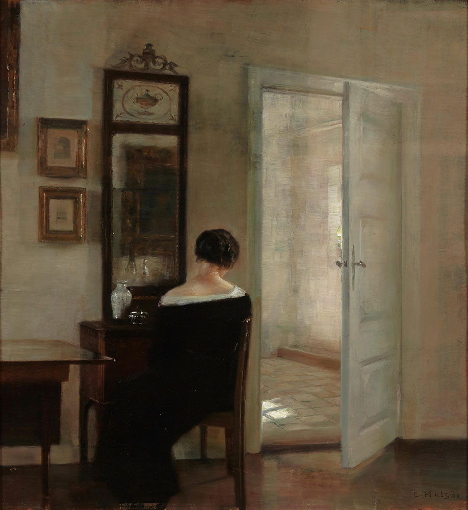 Carl Vilhelm Holsøe - A lady seated before a mirror in an interior