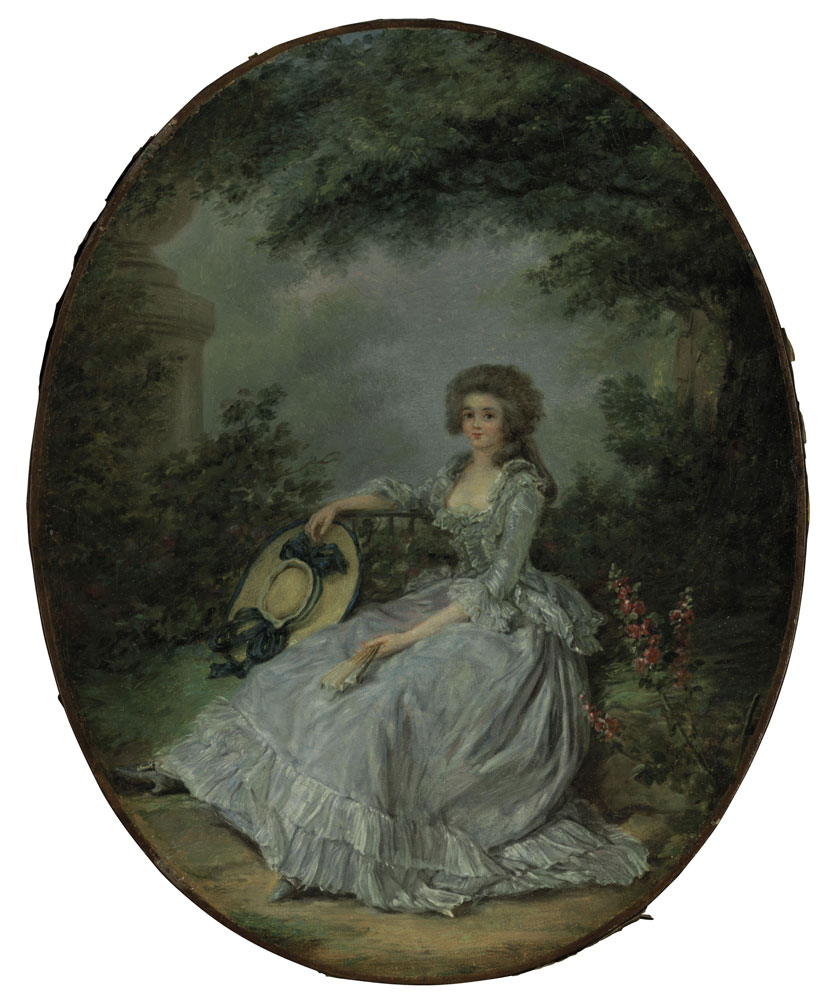 Claude-Jean-Baptiste Hoin - A young woman in a white dress seated in a park, a straw hat with blue ribbons in her right hand  