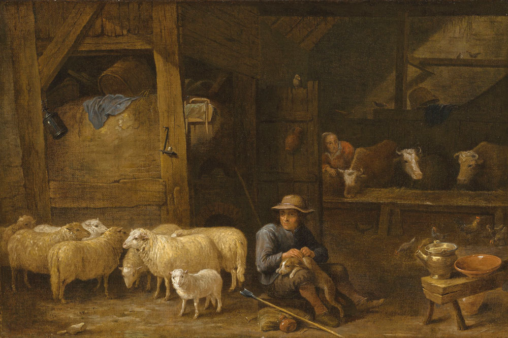 David Teniers the Younger - An interior of a barn with a shepherd and his flock  