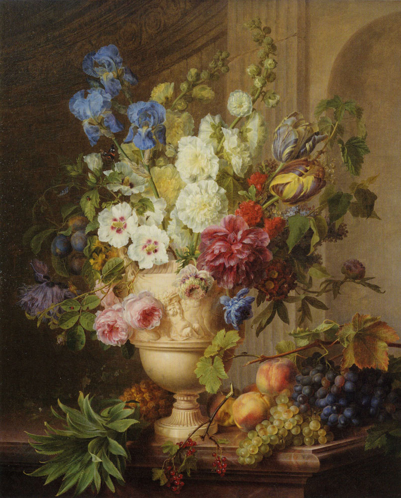 Gerard van Spaendonck - Flowers in an Alabaster Vase and Fruits on a Marble Top