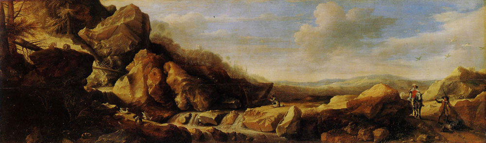 Gijsbert Gillisz. d'Hondecoeter - Hilly Landscape with Hunters ('The Hunt)