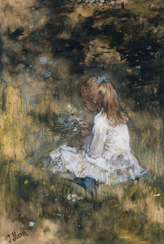 Jacob Maris - A Girl with Flowers on the Grass