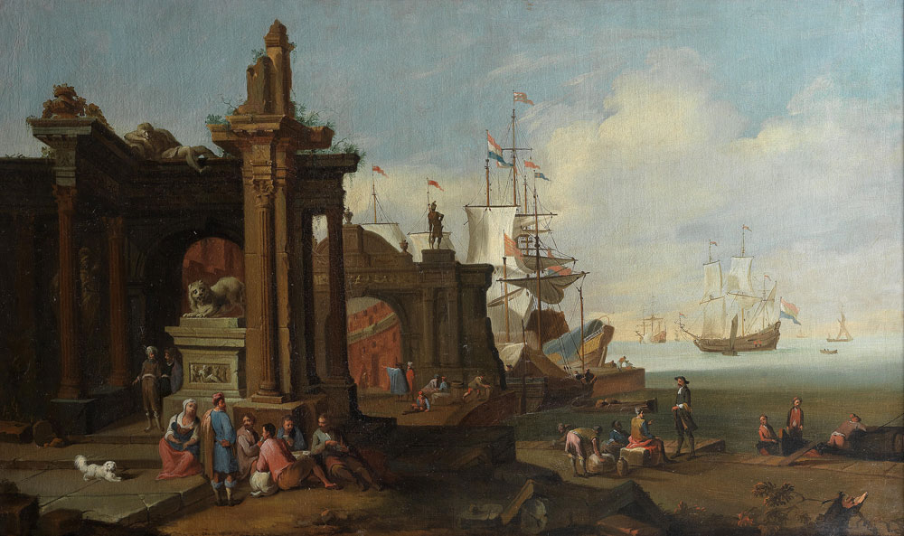 Follower of Johannes Lingelbach - A busy harbour scene with classical buildings, figures and shipping