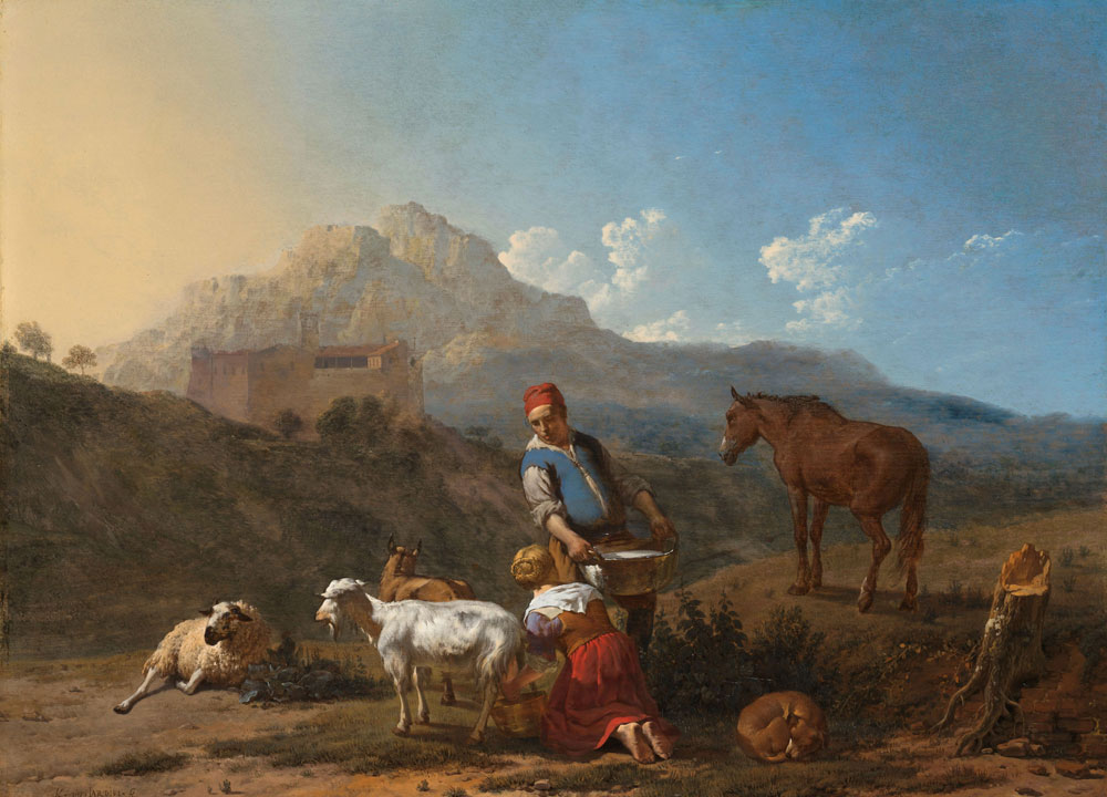 Karel du Jardin - Italian Landscape with Girl Milking a Goat