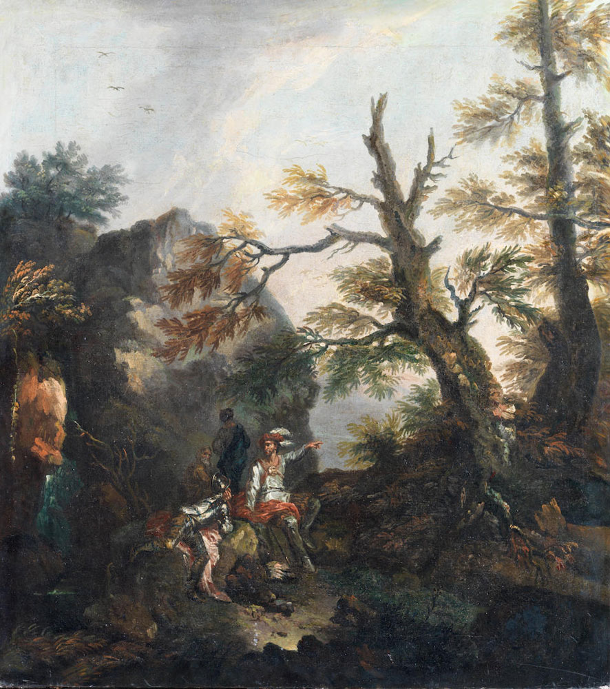 Follower of Salvator Rosa - Soldiers resting in a wooded mountainous landscape