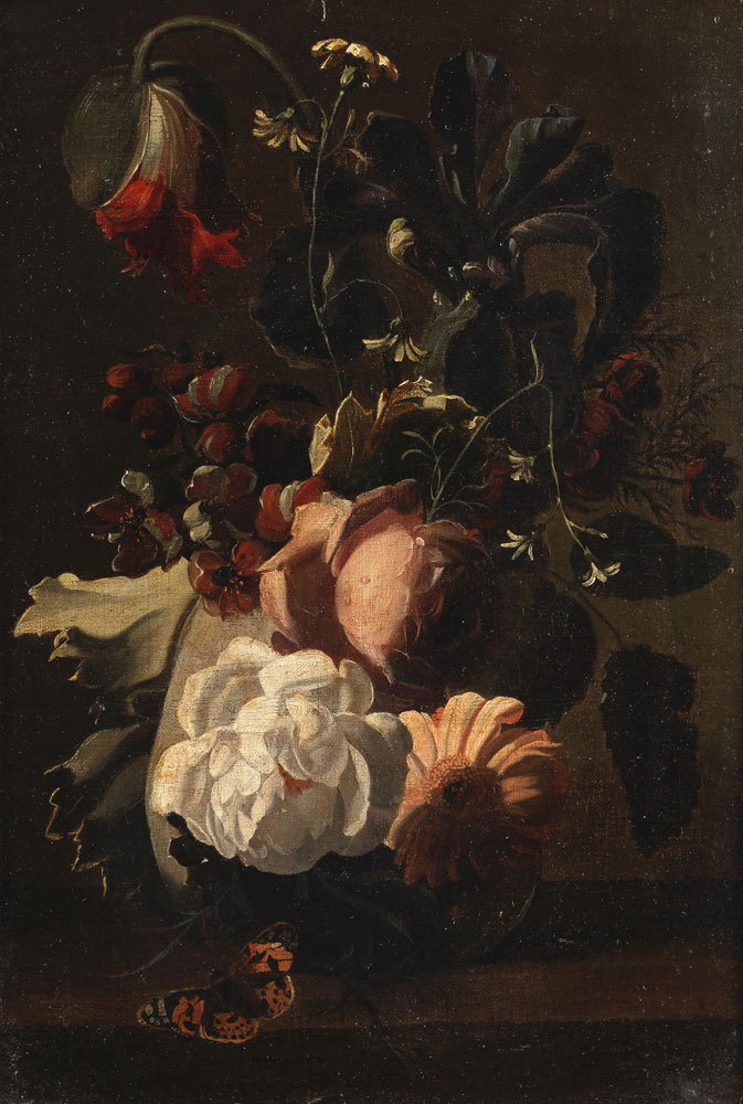 Circle of Simon Pietersz. Verelst - Roses, a poppy, an iris and other flowers in a vase on a table-top with a butterfly