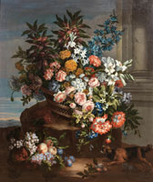Jean-Baptiste Monnoyer Still life of a basket of flowers by a column in a landscape with a King Charles spaniel
