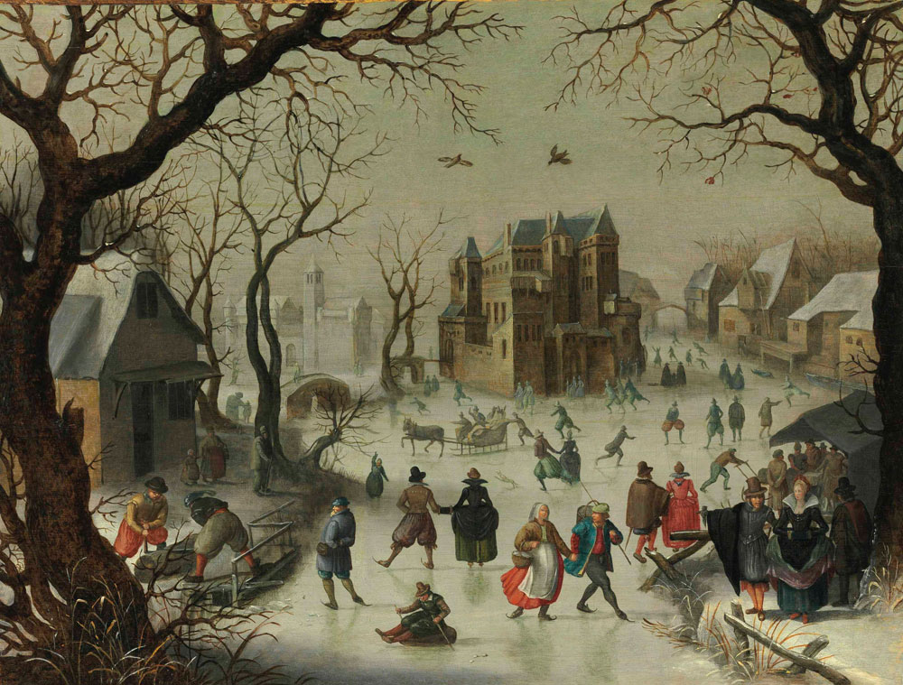 Circle of David Vinckboons - A winter landscape with a horse-drawn sledge and figures skating and sledding