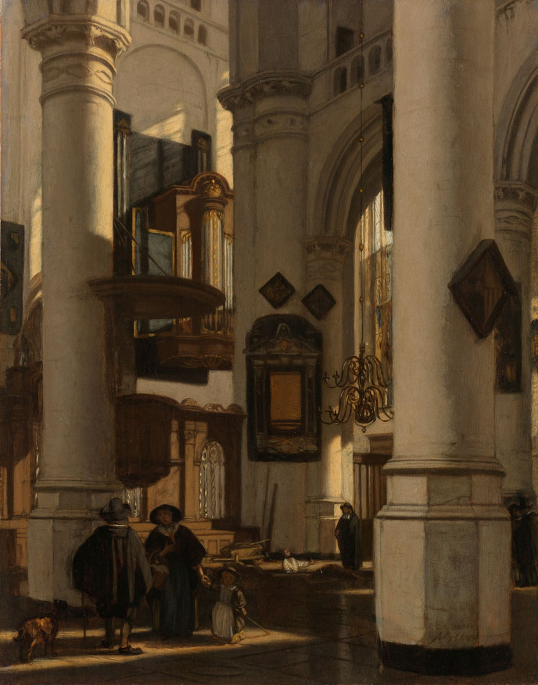 Emanuel de Witte - Interior of a Protestant, Gothic Church, with a Gravedigger in the Choir