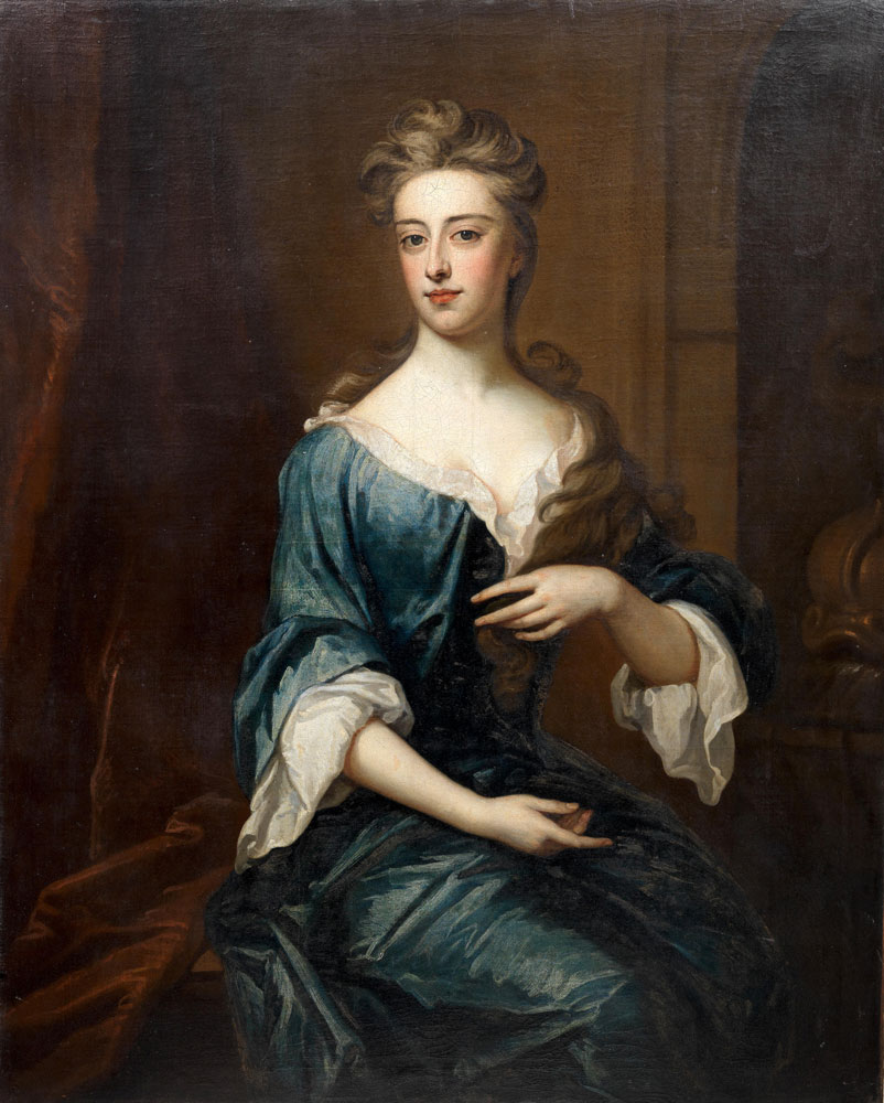 Circle of Sir Godfrey Kneller - Portrait of a lady, traditionally identified as Sarah Churchill, Duchess of Marlborough, three-quarter-length, seated, in a blue dress