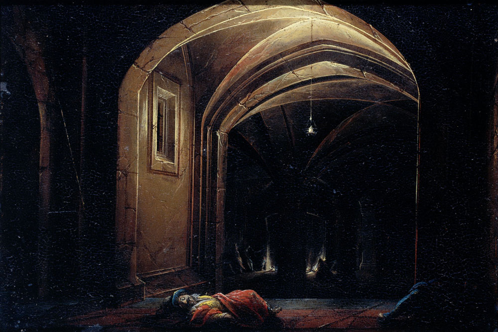 Hendrik van Steenwijck the Elder - Men Sleeping in a Room with lighted Arches