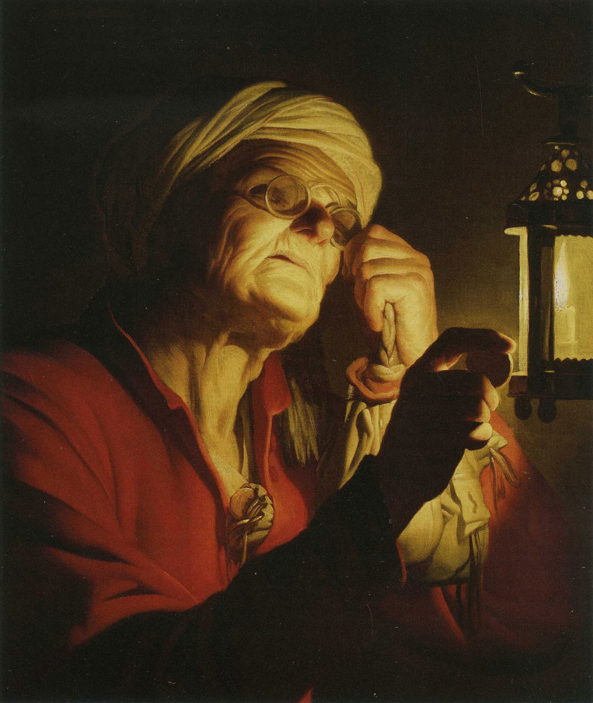 Gerard van Honthorst - Old woman examining a coin by a lantern (Sight or Avarice)