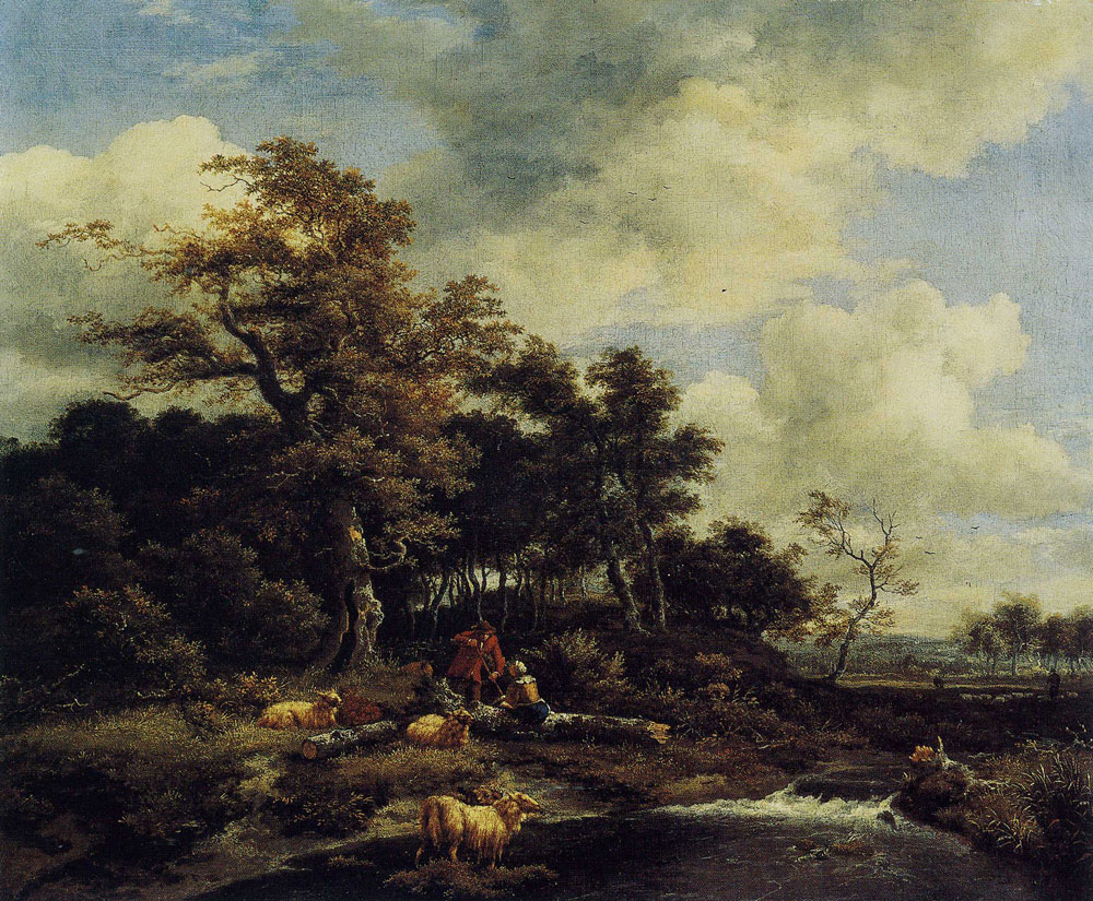 Jacob van Ruisdael - Wooded Landscape with a Stream, Pool, Shepherd and Shepherdess