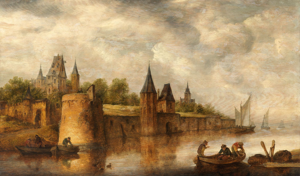 Follower of Jan Josefsz. van Goyen - A river landscape with figures in boats before a walled town