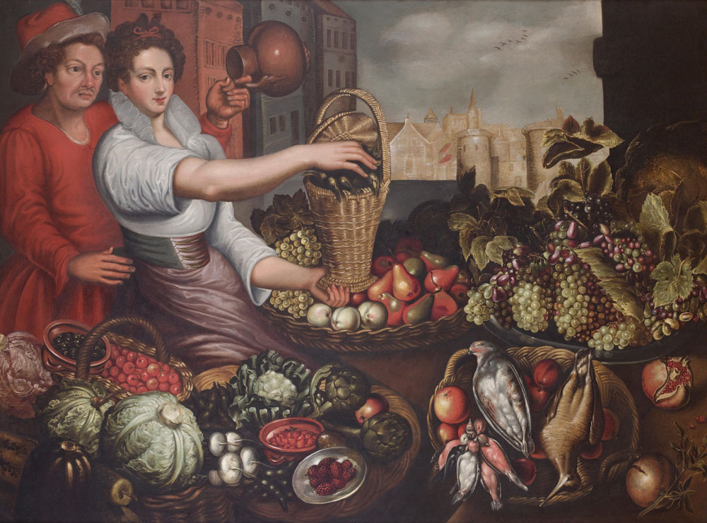 Attributed to Jean-Baptiste De Saive - A fruit and vegetable seller and her suitor beside her stall with a townscape beyond