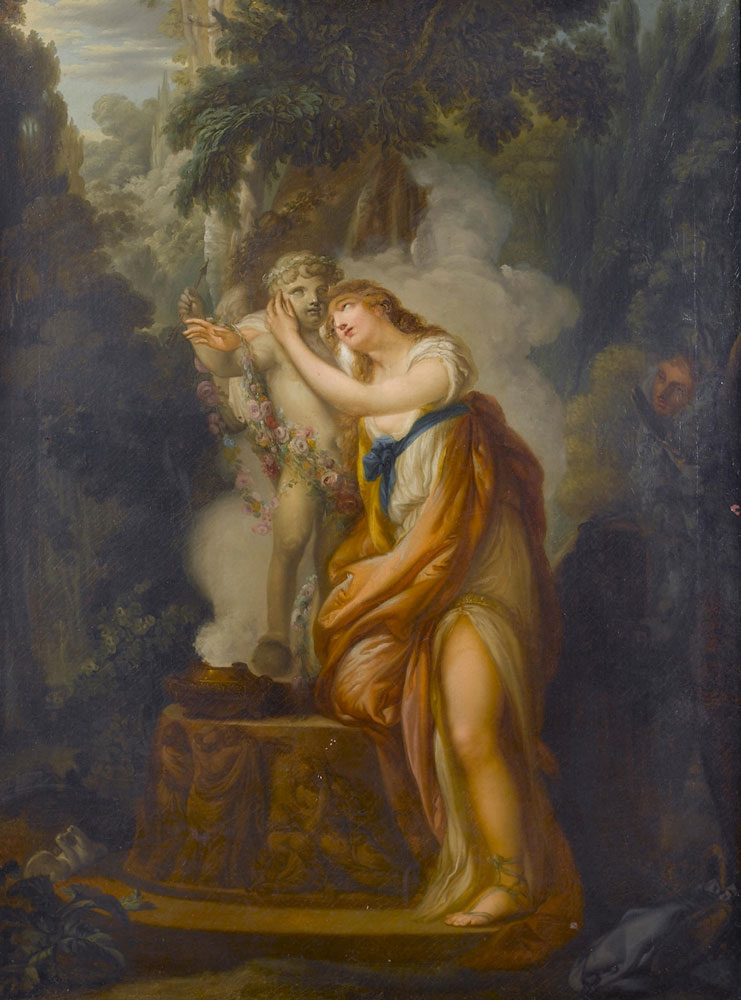 Circle of Johann Friedrich Tischbein - A young woman embracing a garlanded statue of Cupid