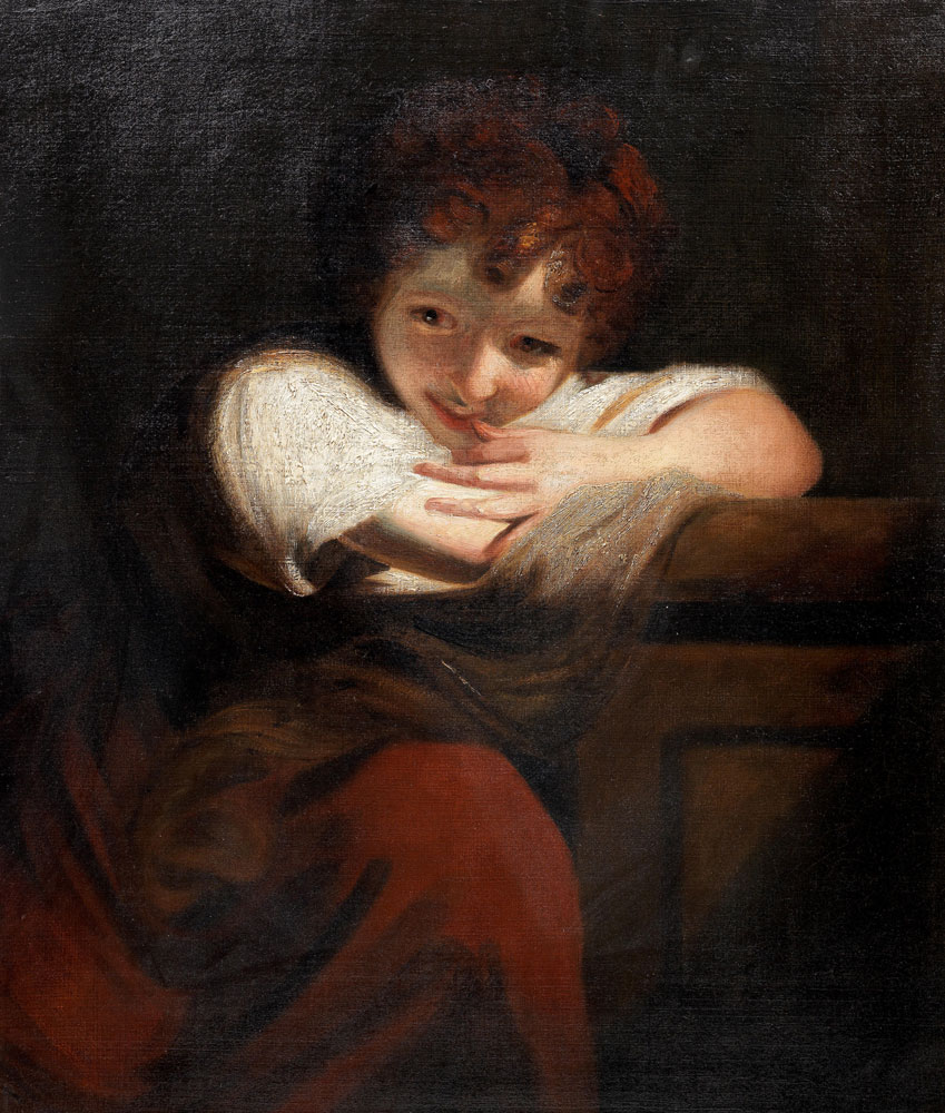 Circle of Sir Joshua Reynolds - A girl leaning on a pedestal
