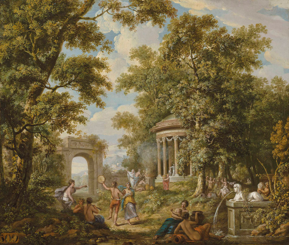 Jurriaan Andriessen - A bacchanal by a temple in a wooded landscape