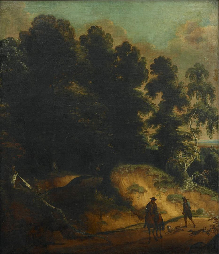 Attributed to Lodewijk de Vadder - A wooded landscape with huntsmen and their dogs on a track