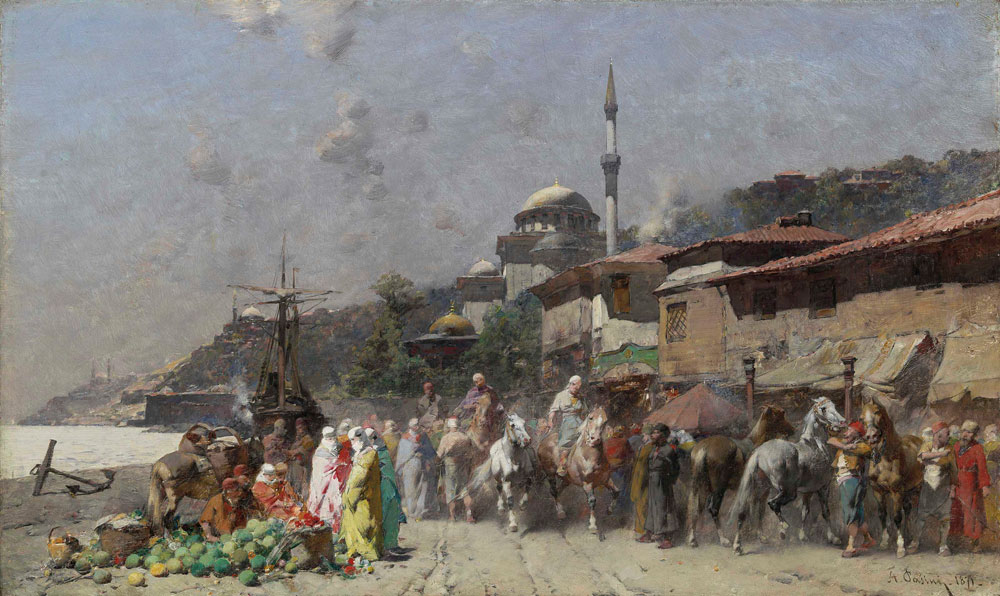 Alberto Pasini - Marketplace on the Bosporus, Constantinople and the New Mosque beyond