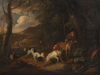 Adriaen Beeldemaker Hunter with Hounds at the Edge of a Wood