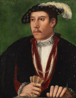Follower of Bernaert van Orley Portrait of a gentleman, half-length, in a plumed hat