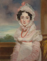 George Chinnery Portrait of a lady seated small half-length in a laced bonnet trimmed with pink ribbon