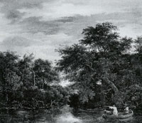 Jacob van Ruisdael Wooded Landscape and a Pond with Figures in a Boat