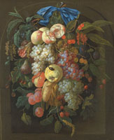 Jan Pauwel Gillemans A festoon of fruit hanging from a bow-tied ribbon in a niche