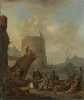 Johannes Lingelbach Italian Harbor with a Fortified Tower
