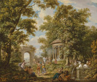 Jurriaan Andriessen A bacchanal by a temple in a wooded landscape