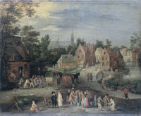 Peeter Gijsels Village with a Puppeteer Entertaining a Small Crowd
