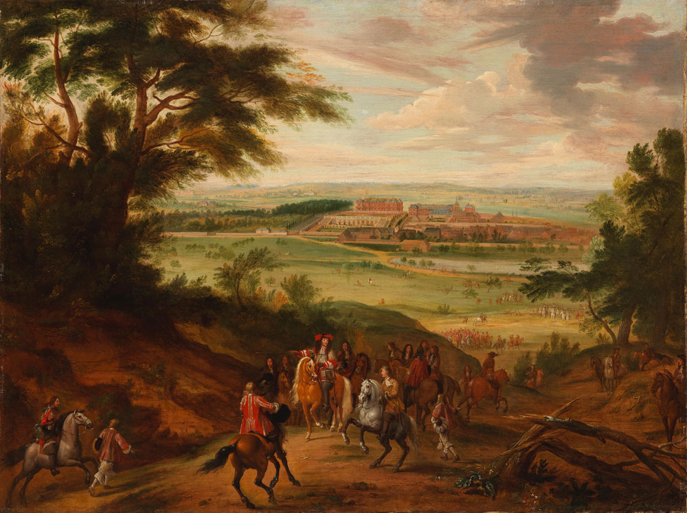 After Adam Frans van der Meulen - The Chateau of Versailles from the Heights of Satory with King Louis XIV on horseback